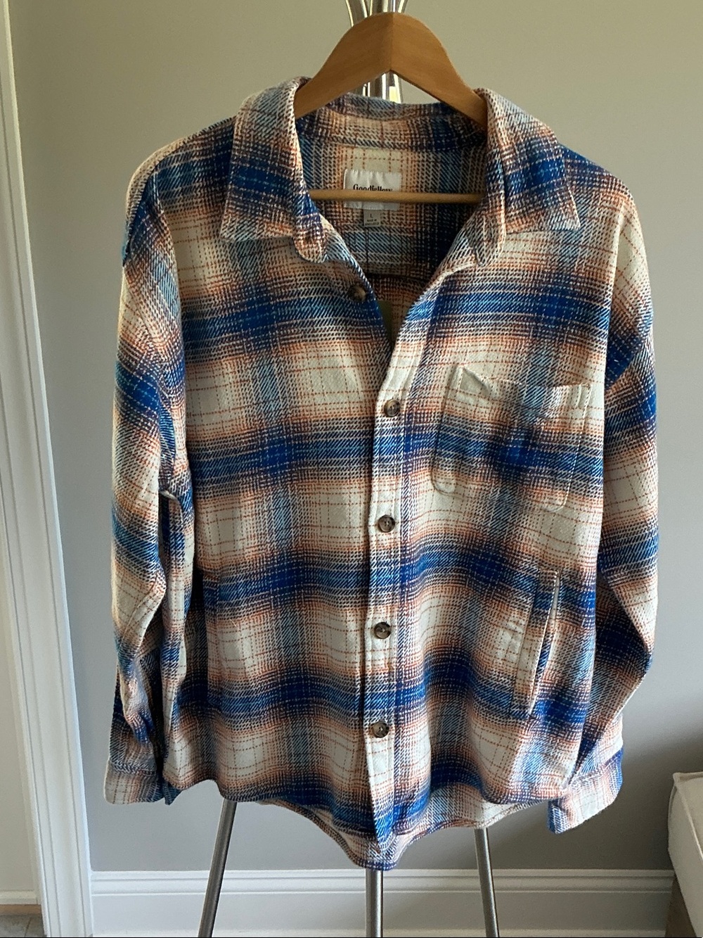 Jacket - Plaid Button-Down Shirt Jacket - Blue & Brown